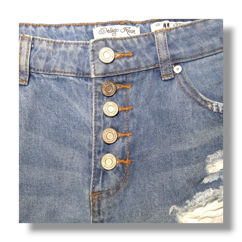 Indigo Rein Size 11 Distressed Raw Hem Mini Jean Skirt-Y2K-Micro-Button Fly - Picture 3 of 7